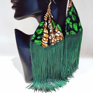 Boucles d'oreilles vintage à franges, style bohème ethnique noir et vert